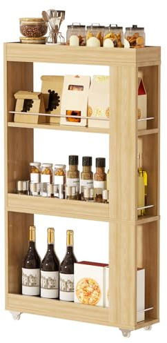 Rollwagen 4 Ebenen, Küchenwagen Küche Schmal, Nischenregal auf Rollen, Nischenwagen 13 cm Breit Küchenregal, Nischenschrank Aufbewahrungswagen für Küche, Bad, Wohnzimmer Servierwagen 47 x 13 x 83 cm