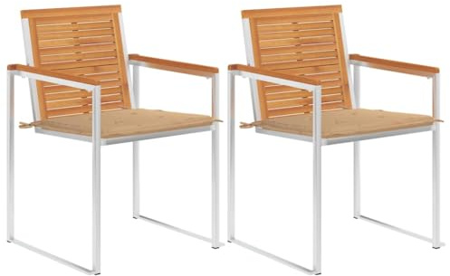 HGBNMER 2 STK. Gartenstühle mit Kissen aus Akazienholz und Edelstahl, Sitzgruppe für Terrasse und Außenbereich, robuste Holzstühle mit Polster
