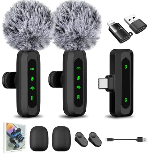 Wireless Lavalier Microphone, Plug‑Play Lapel Mic with 3 Adaptors, Noise‑Reduction, 30-Metre Transmission, 8‑Hour Working Time, Compatible with iPhone Android PC Laptop for Vlogging YouTube (Black)