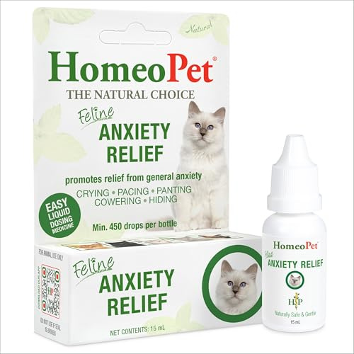 HomeoPet FELINE ANXIETY RELIEF - 100% Natural Pet Medicine. General anxiety as a result of vet/grooming visits, new pets, cattery/boarding stays. For cats of all ages. 15ml/up to 90 doses per bottle
