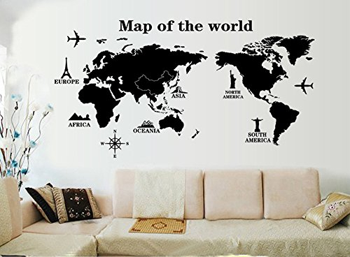 ufengke® Viaggiare in Tutto Il Mondo Mappa del Mondo Adesivi Murali, Camera da Letto Soggiorno Adesivi da Parete Removibili/Stickers Murali/Decorazione Murale, A