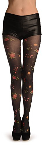 Svart med små röda klockblommor och rosor - svarta blommiga tights, Svart, en storlek