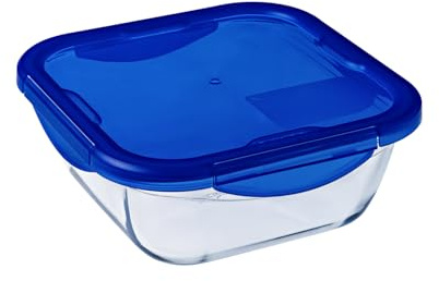 Pyrex Cook & Go Quadratische Mehrzweckpfanne mit hermetischem Deckel, Transparent & Blau, 21 x 21 x 8 cm, 1,9 L