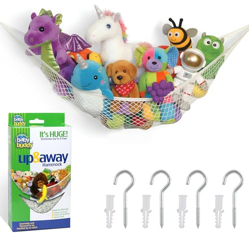 Baby Buddy Stuffed Animal Hammock Storage Net - Corner Space-Saving Toy Organizer for Nursery and Kids Bedroom Organization, Holds 25 Pounds, Easy Wall Mount, White