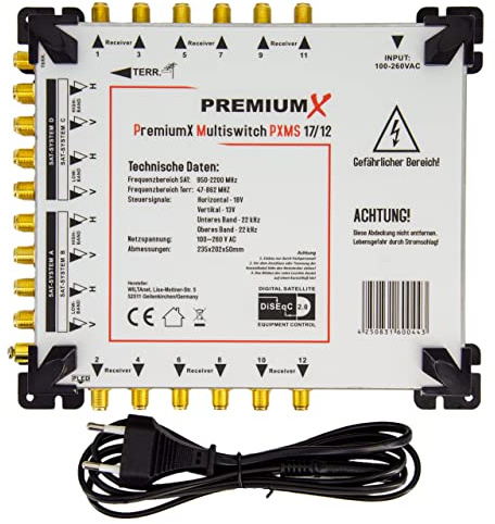 Premium X PXMS 17/12 Multischalter mit Netzteil Multiswitch 4 SAT für 12 Teilnehmer Satverteiler Digital HDTV FullHD 4K UHD 8K