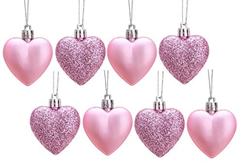 Bolas para árbol de Navidad con forma de corazón, rosa mate y rosa con purpurina, 5 x 8 cm