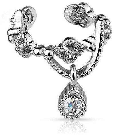 Bungsa Ornament Ear Cuff Clip Kette mit Kristallanhänger silber (Ohrstecker Conch Fake Piercing Studs Ohrringe Ohrhänger Ohrschmuck Ohrklemmen Damen Frauen Herren Mode)