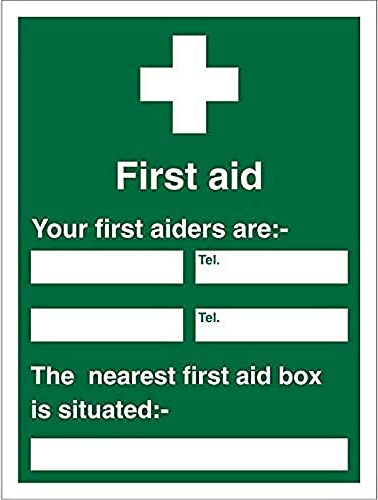 Seco Cartello First Aid – Your First Aiders Are/The Nearest First Aid Box Is Situated, 200 x 300 mm, in plastica semi rigida da 1 mm, 200 x 300 mm