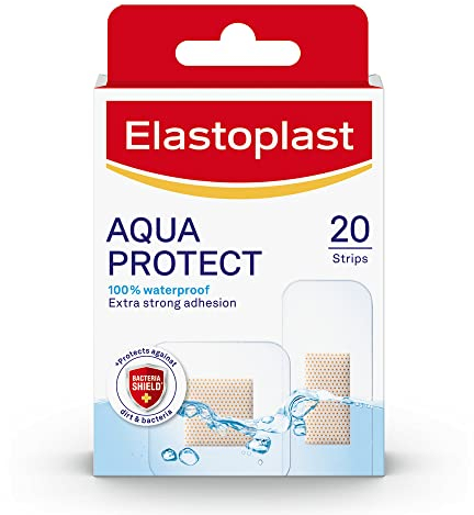 Elastoplast Aqua Protect Plasters (20 Strips), 100% Waterproof for Swimming/Bathing, Strong Adhesion non-stick Wound Pad, Flexible and Breathable Plasters, Transparent and Discreet plasters, Clear