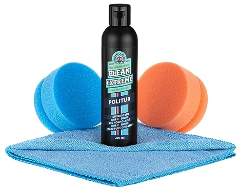 CLEANEXTREME Autopolitur Set Handpolitur | 200 ml Auto Politur + 2 Polierpads + Poliertuch | Kratzer Gebrauchsspuren Vermattungen entfernen & Hochglanz polieren