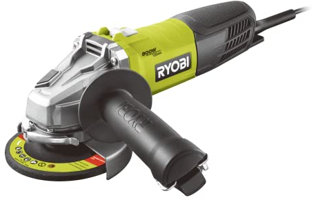 RYOBI - Meuleuse d'Angle Filaire 800W 125mm - 12 000 tr/min - Livrée avec 1 Disque à Ébarber le Métal Ø 125 mm et 1 Poignée Latérale 2 Positions - Protection Anti-Démarrage - RAG800-125G