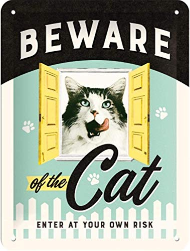 Nostalgic-Art Retro Blechschild, Beware of the Cat – Geschenk-Idee für Katzen-Besitzer, aus Metall, Vintage-Design zur Dekoration, 15 x 20 cm