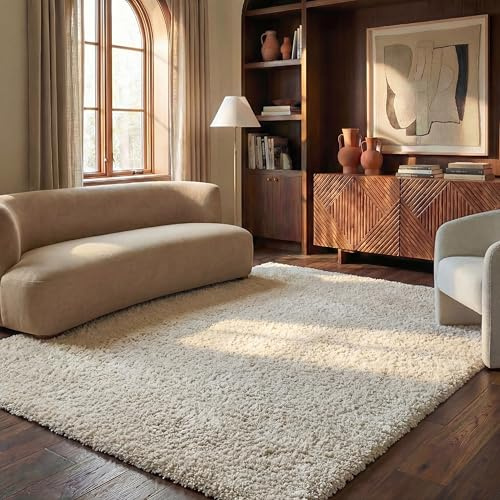 SAFAVIEH Milan Shag Collection Area Rug - 5'1 x 8', Ivory, Solid Design, Non-Shedding & Easy to Clean, Plush Thick Pile, Ideal for Living Room, Bedroom (SG180-1212)