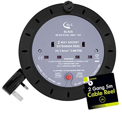 Benross 45630 5m Cable Reel Extension Lead / 2-Way Extension Cable / Ideal for Home, Office or Commercial / Safety Cut-Off Switch / 2 UK Plug Sockets / 240V AC, 10 Amps