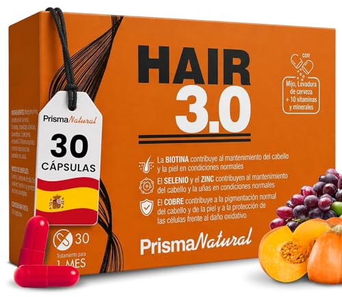 Biotina para el Cabello 30 Cápsulas Hair 3.0 – Complemento Alimenticio – Biotina Cabello Piel y Uñas – Vitaminas para el Pelo con Zinc y Complejo B – Cuidado Capilar – Prisma Natural