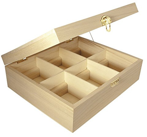 Rayher 62408000 Holz-Teebox, 21,5 x 18 x 7 cm, 6 Fächer, naturbelassen, mit Metallschließe, Teekasten, Teebeutelbox, Holzbox zur Aufbewahrung von Teebeuteln, Kaffeepads, Gewürzen etc.
