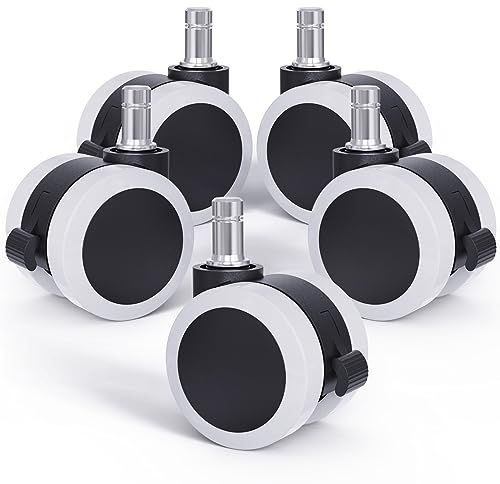 LIHAO 5 Pezzi Ruote Sedia Ufficio, 11X 50MM Ruote per Mobili con Freno di Sicurezza per Piastrelle Pavimento Duro Moquette, Bianco + Nero