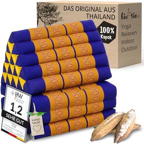 livasia Thaikissen 3 Auflagen extrahoch - 185x55x8cm - Dreieckskissen mit Klappmatratze, Kapok, Jumbo Rückenkissen faltbar, Thaimatte Klappen, handgefertigt, Meditationskissen (Blau/Gelb)