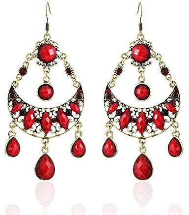 Chic-Net Brass Ohrringe Ohrhänger Ohrschmuck Damen Brasshänger Vintage Steine Sichel rot