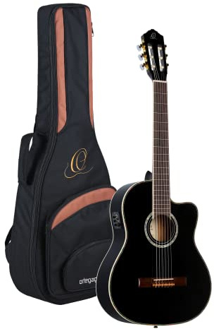 Ortega Guitars Konzert Gitarre Elektro-Akustisch – 4/4 – Family Series Pro – Inklusive Gig Bag – Massive Engelmann Fichte, Mahagoni, Schwarz (RCE141BK)