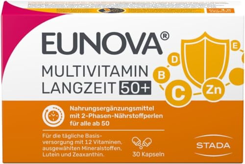EUNOVA Langzeit 50+: Multivitamin Tabletten mit Lutein & Zink, 30 Kapseln | Speziell für Menschen ab 50 Jahren, Langzeitperlen-Technologie, Alle 13 Vitamine, Glutenfrei, Laktosefrei, 1 Kapsel täglich