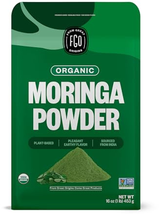 FGO Organic Moringa Oleifera Leaf Powder, 16oz Bulk Resealable Pouch, Sourced from India, Non-GMO, Packaging May Vary (Pack of 1)