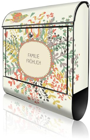 banjado Design Briefkasten personalisiert 38,5x46,5x13cm & 2 Schlüssel - Briefkasten Stahl Schwarz Zeitungsfach pulverbeschichtet - Postkasten A4 Einwurf inkl. Montagematerial - Motiv WT Frühling