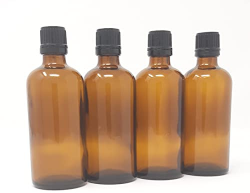 100ml AMBER Glass Bottles with BLACK Cap & Dropper - PACK of 4