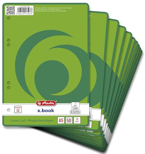 herlitz Ringbucheinlagen A5 blanko, 70 g/m² Papier, 50 Blatt, gelocht, 10 Stück