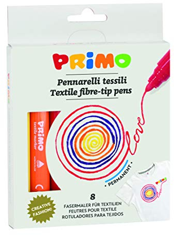 PRIMO - Pennarelli per Tessuti, 8 Pennarelli Punta Media Tonda 4.1 mm, Colori per Bambini +3 Anni, Colori per Tessuti Permanenti Colore Intenso per Lavoretti Creativi e Cartoleria da Stirare su Cotone