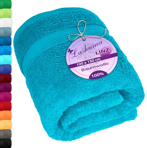 Lashuma Badetuch XXL Baumwolle Blau - Aquamarin, Linz Strandtuch groß, Badehandtuch 100x150 cm