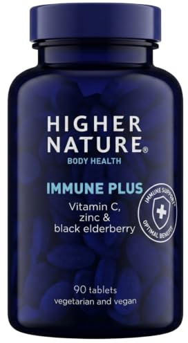 Higher Nature Immune Plus - Vitamin C with Zinc - 90 Tablets | Black Elderberry, Immune Support Supplements, Vegetarian and Vegan Multivitamin