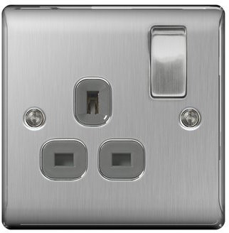 BG Electrical NBS21G Nexus Metal Brushed Steel 1 Gang 13A DP Switched Socket c/w Grey Insert