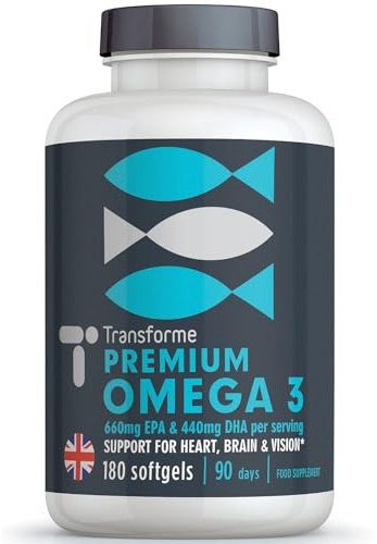 Transforme Omega 3 Fish Oil 2000mg, 2 1000mg Capsules Serving 660mg EPA & 440mg DHA, 3 Months Supply, 180 Omega 3 Capsules High Strength Fish Oil, Supporting Heart, Brain and Eye Health