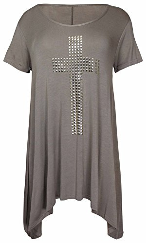 PurpleHanger Women's Plus Size Studded Cross Uneven Long Top Cerise 10