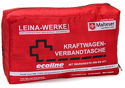 Leina 11056 vehículos de Motor Advertencia de Primeros Auxilios Bolsa compacta y Chaleco Ecoline sin Velcro, Rojo/Negro/Blanco