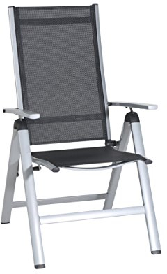 Greemotion Silla de Jardín Plegable Monza, Silla Abatible de Aluminio y Textilene, Sillón de Balcón Respaldo Reclinable con 8 Posiciones, Plateado/Negro