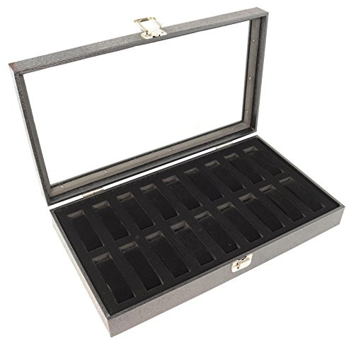 Glass Lid Display Case with 18 Watch Bracelet Bangle Collars (2172c) - Watch Box Organiser Glass Lid 18 Watches Jewellery Display Storage Box Case Bracelet Tray Faux Leather Black