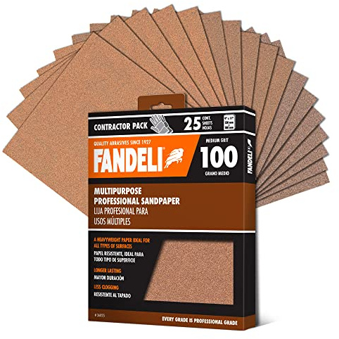 Fandeli | Multi-Purpose Sandpaper | 100 Grit | 25 Sheets of 9'' x 11'' | Ideal for Sanding Metal, Untreated Wood and Painted Surfaces