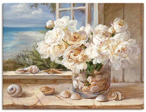 ARTLAND Wanddeko Leinwand Bilder Wandbild 60x45 cm Fensterblick Fenster Strand Meer Küste Muscheln Maritim Stillleben K7BB