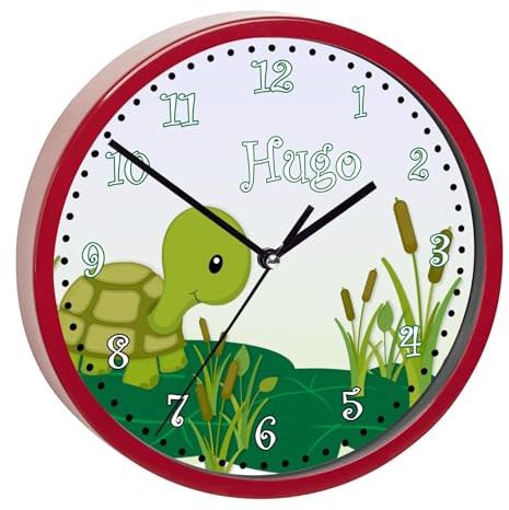 CreaDesign, Wanduhr für Kinderzimmer Schildkröte, Kinderuhr rot mit Quarz Uhrwerk, personalisiert mit Name, Durchmesser 19,5 cm