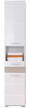 trendteam smart living - Mezzo - Hochschrank - Weiß Hochglanz/Eiche Sägerau - Badregal modern mit 6 Fächern und Einer Schublade - (BxHxT) 37 x 182 x 31 cm - 3 verstellbare Einlegeböden | Nassraumgeeignet · Hochglanz-Tiefziehfront · B 37 x H 182 cm