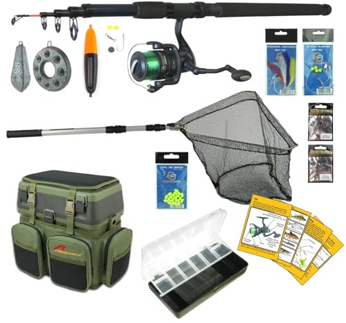 Roddarch Complete Sea Fishing Kit: 10 ft Telescopic Surf Ace Rod and Hunter Pro HP60S Reel with Rucksack Seat Box and Terminal Tackle