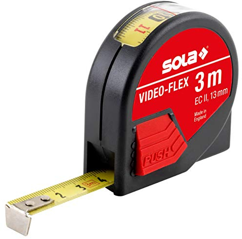SOLA VIDEO-FLEX - Bandmaß 3m / 13mm - Taschenbandmaß für Innenmessungen - Stahlband, gelb lackiert mit mm Skala - Genauigkeitsklasse II - Rollmeter mit beweglichem Endhaken - Länge 3m/13mm