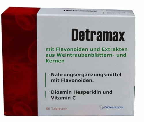 Detramax 60 comprimés veineux, même pour les hémorroïdes, 3 extraits : flavonoïdes (Diosmin 220 mg, Hespéridine 20 mg), feuilles de raisin 80 mg, noyaux de raisin 79 mg, pour les veines