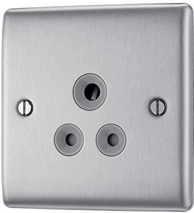 BG Electrical Nexus Metal Unswitched Socket with Three Round Pins, Brushed Steel with Grey Inserts, 5A