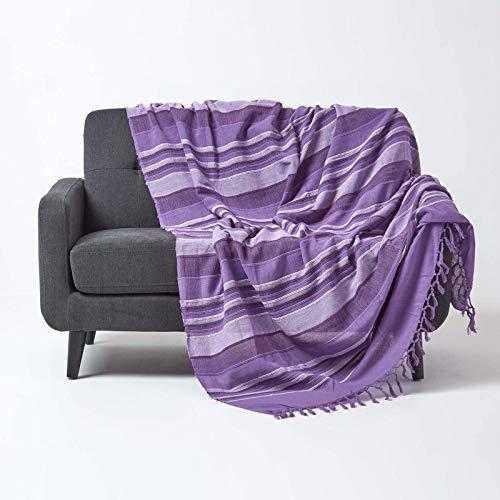 Homescapes große Tagesdecke Morocco, lila, Sofa-Überwurf aus 100% Baumwolle, weiche Wohndecke 225 x 255 cm, violett gestreift, mit Fransen