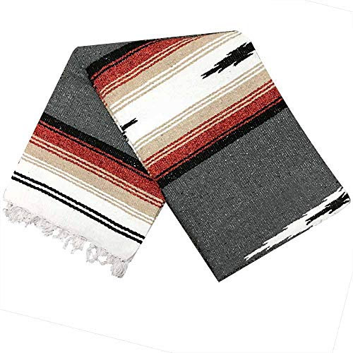 Open Road Goods Mexikanische Yoga-Decke, Anthrazit-Schwarz, dicker Diamant mit Vintage-Retro-Serape, rot, hellbraun, braun und weiß gestreift