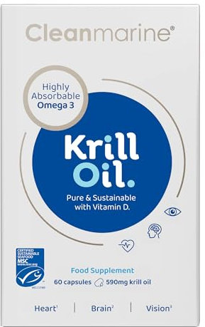 Cleanmarine Krill Oil – High Strength Omega 3 with EPA & DHA – Phospholipid Formula for Better Absorption – Plus Astaxanthin, Choline & Vitamin D – Heart, Brain & Eye Support – 60 Capsules