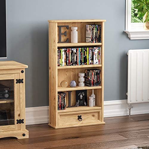 Vida Designs Corona 1 Drawer Libreria, Rustico Legnoen Mobile contenitore with Shelves and Drawer, Distressed Waxed Finish with Nero Metal Studs, H96xW50xD17.5cm (Solid Pine)